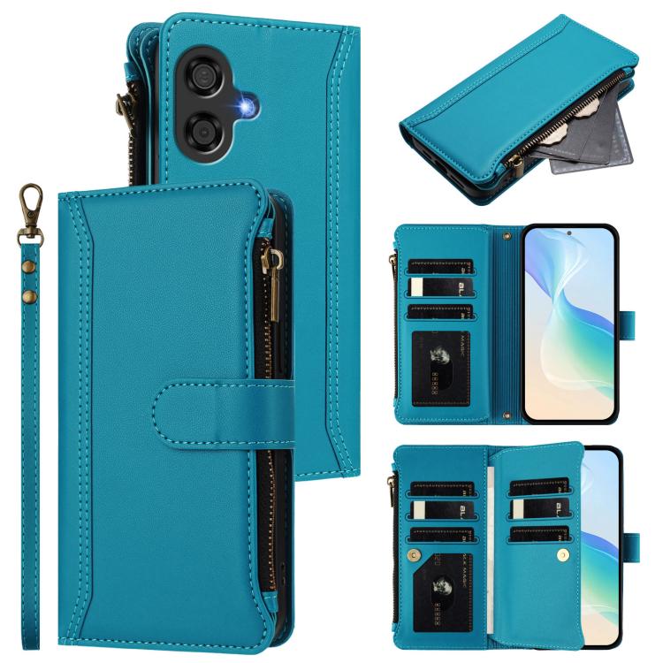 Magnetic Closure 9 Card Slots Zipper Leather Case with Hand Strap, For Coolpad C16, For Coolpad X100, For Coolpad Cool 40i