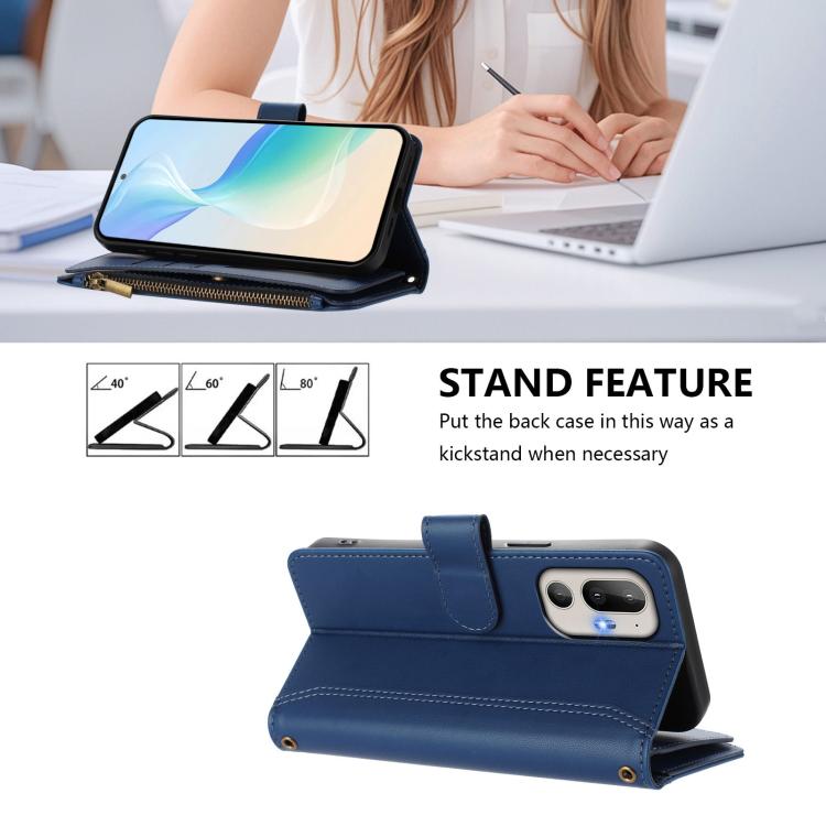Magnetic Closure 9 Card Slots Zipper Leather Case with Hand Strap, For HTC U24 Pro