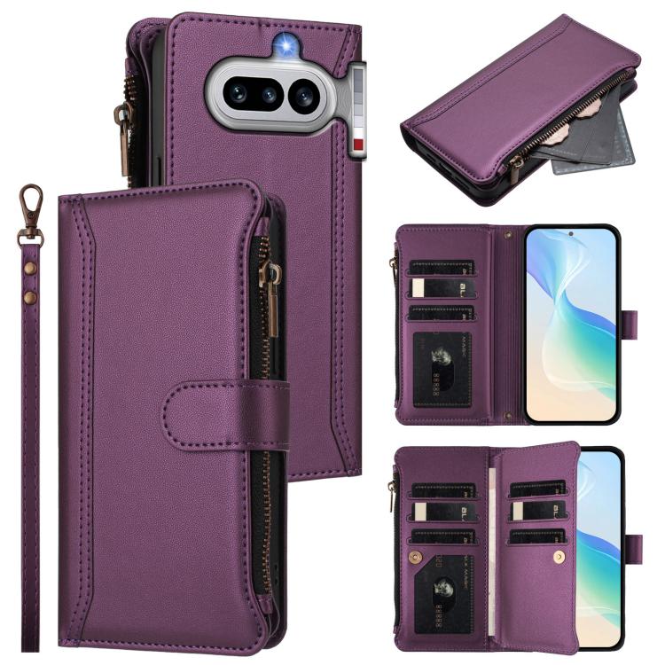 Magnetic Closure 9 Card Slots Zipper Leather Case with Hand Strap, For Nothing Phone 4a Pro, For Nothing Phone 4a, For Nothing Phone 3a, For Nothing Phone 3a Pro, For Nothing CMF Phone 1, For Nothing Phone 2A