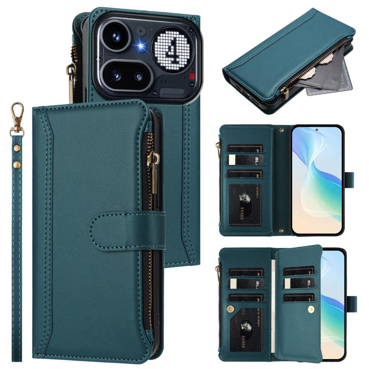 Magnetic Closure 9 Card Slots Zipper Leather Case with Hand Strap, For Nothing Phone 4a Pro, For Nothing Phone 4a, For Nothing Phone 3a, For Nothing Phone 3a Pro, For Nothing CMF Phone 1, For Nothing Phone 2A