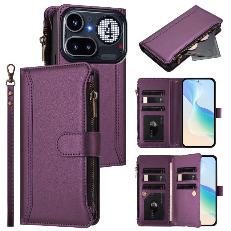 Magnetic Closure 9 Card Slots Zipper Leather Case with Hand Strap, For Nothing Phone 4a Pro, For Nothing Phone 4a, For Nothing Phone 3a, For Nothing Phone 3a Pro, For Nothing CMF Phone 1, For Nothing Phone 2A