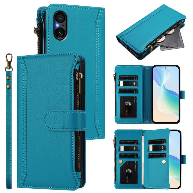 Magnetic Closure 9 Card Slots Zipper Leather Case with Hand Strap, For Sony Xperia 10 VI 2024, For Sony Xperia 1 VI 2024, For Sony Xperia 5 VI, For Sony Xperia 5 VI 2024, For Sony Xperia 5 V, For Sony Xperia 1 V 2023, For Sony Xperia 10 V 2023         ...