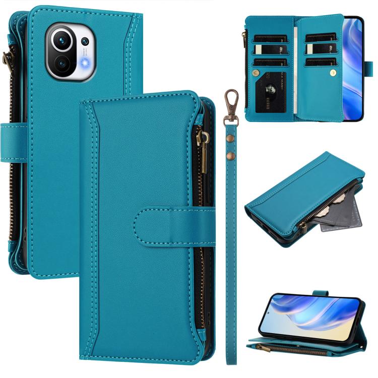 Magnetic Closure 9 Card Slots Zipper Leather Case with Hand Strap, For Xiaomi Mi 11 Lite 4G / 5G, For Xiaomi 11T / 11T Pro, For Xiaomi Poco X3 GT, For Xiaomi Mi 11 Ultra, For Xiaomi Mi 11 Pro, For Xiaomi Mi 11