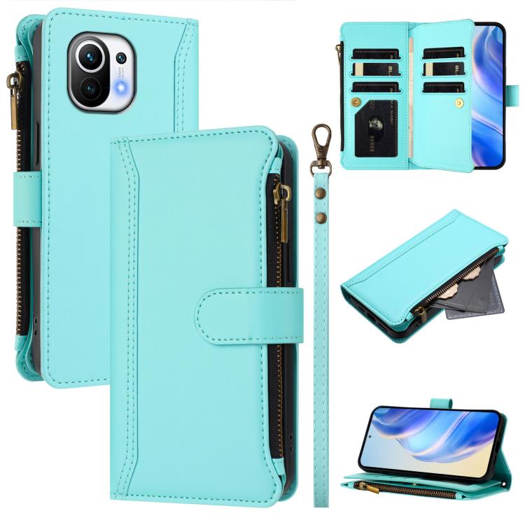 Magnetic Closure 9 Card Slots Zipper Leather Case with Hand Strap, For Xiaomi Mi 11 Lite 4G / 5G, For Xiaomi 11T / 11T Pro, For Xiaomi Poco X3 GT, For Xiaomi Mi 11 Ultra, For Xiaomi Mi 11 Pro, For Xiaomi Mi 11
