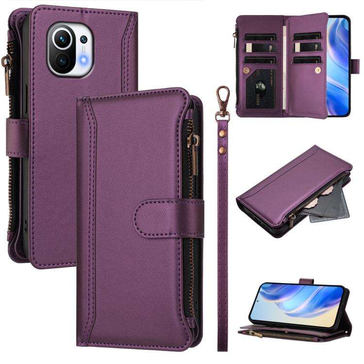 Magnetic Closure 9 Card Slots Zipper Leather Case with Hand Strap, For Xiaomi Mi 11 Lite 4G / 5G, For Xiaomi 11T / 11T Pro, For Xiaomi Poco X3 GT, For Xiaomi Mi 11 Ultra, For Xiaomi Mi 11 Pro, For Xiaomi Mi 11