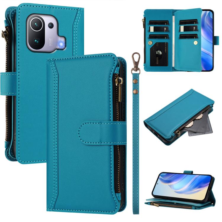 Magnetic Closure 9 Card Slots Zipper Leather Case with Hand Strap, For Xiaomi Mi 11 Lite 4G / 5G, For Xiaomi 11T / 11T Pro, For Xiaomi Poco X3 GT, For Xiaomi Mi 11 Ultra, For Xiaomi Mi 11 Pro, For Xiaomi Mi 11