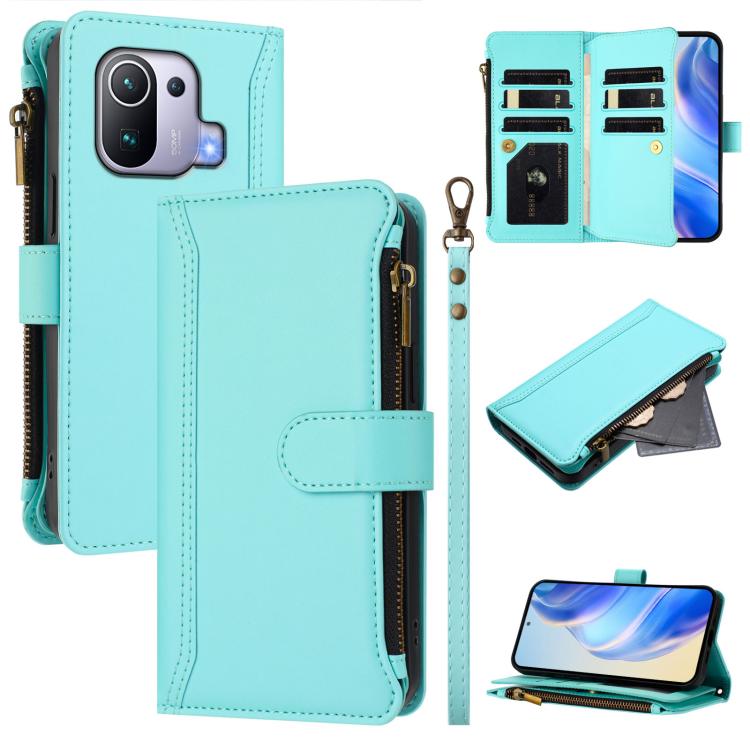 Magnetic Closure 9 Card Slots Zipper Leather Case with Hand Strap, For Xiaomi Mi 11 Lite 4G / 5G, For Xiaomi 11T / 11T Pro, For Xiaomi Poco X3 GT, For Xiaomi Mi 11 Ultra, For Xiaomi Mi 11 Pro, For Xiaomi Mi 11