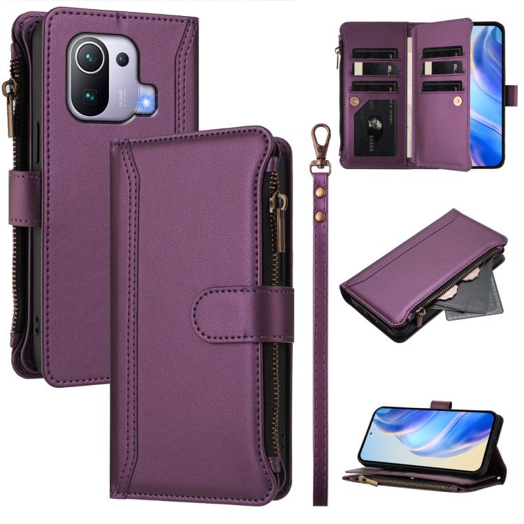 Magnetic Closure 9 Card Slots Zipper Leather Case with Hand Strap, For Xiaomi Mi 11 Lite 4G / 5G, For Xiaomi 11T / 11T Pro, For Xiaomi Poco X3 GT, For Xiaomi Mi 11 Ultra, For Xiaomi Mi 11 Pro, For Xiaomi Mi 11