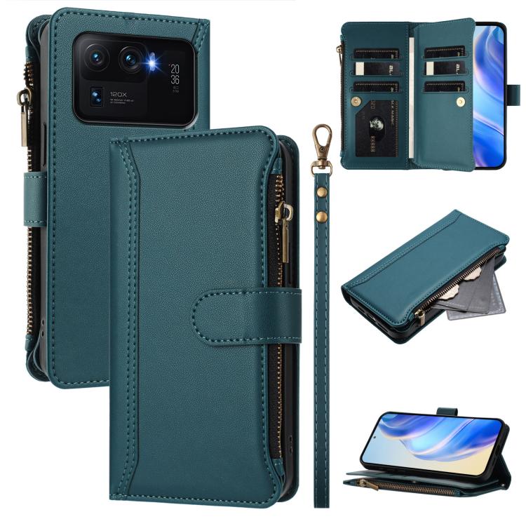 Magnetic Closure 9 Card Slots Zipper Leather Case with Hand Strap, For Xiaomi Mi 11 Lite 4G / 5G, For Xiaomi 11T / 11T Pro, For Xiaomi Poco X3 GT, For Xiaomi Mi 11 Ultra, For Xiaomi Mi 11 Pro, For Xiaomi Mi 11