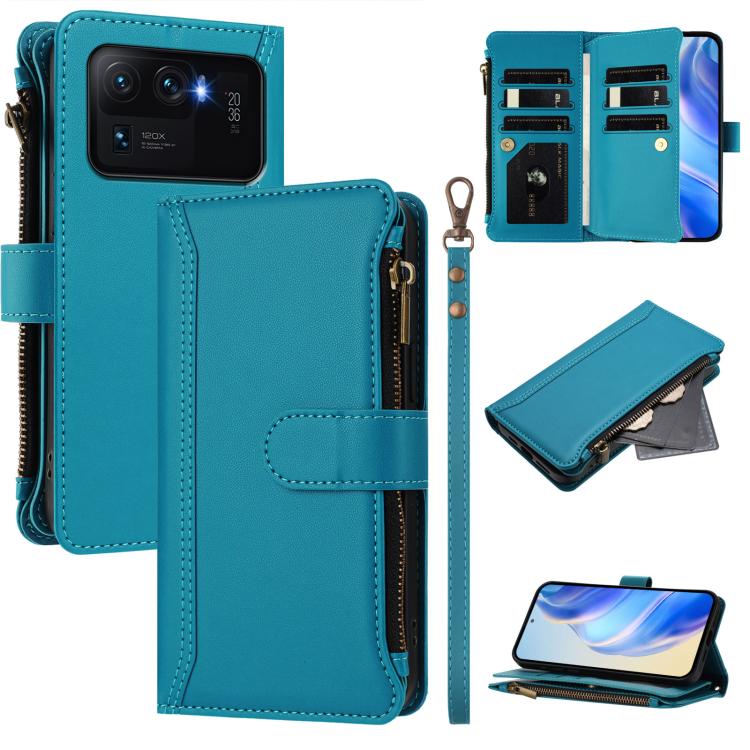 Magnetic Closure 9 Card Slots Zipper Leather Case with Hand Strap, For Xiaomi Mi 11 Lite 4G / 5G, For Xiaomi 11T / 11T Pro, For Xiaomi Poco X3 GT, For Xiaomi Mi 11 Ultra, For Xiaomi Mi 11 Pro, For Xiaomi Mi 11