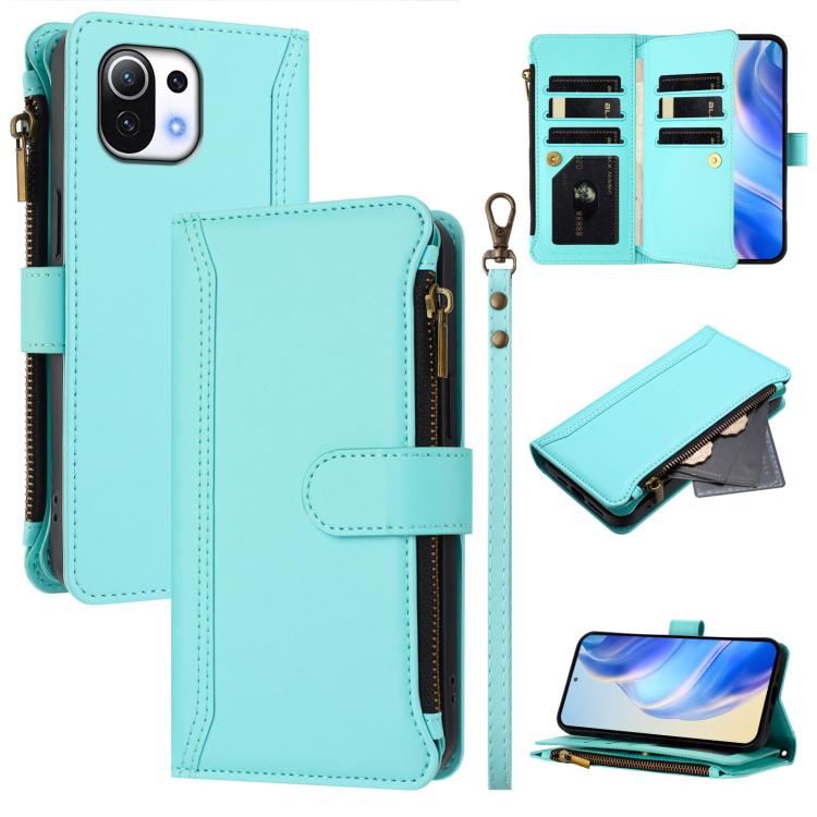 Magnetic Closure 9 Card Slots Zipper Leather Case with Hand Strap, For Xiaomi Mi 11 Lite 4G / 5G, For Xiaomi 11T / 11T Pro, For Xiaomi Poco X3 GT, For Xiaomi Mi 11 Ultra, For Xiaomi Mi 11 Pro, For Xiaomi Mi 11