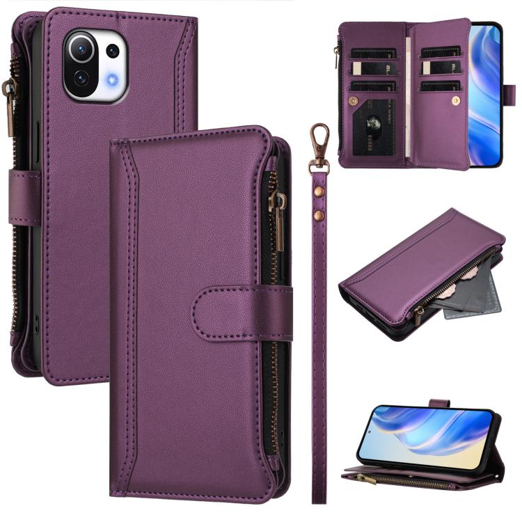 Magnetic Closure 9 Card Slots Zipper Leather Case with Hand Strap, For Xiaomi Mi 11 Lite 4G / 5G, For Xiaomi 11T / 11T Pro, For Xiaomi Poco X3 GT, For Xiaomi Mi 11 Ultra, For Xiaomi Mi 11 Pro, For Xiaomi Mi 11
