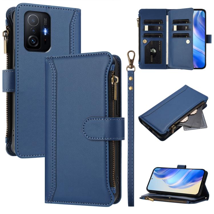 Magnetic Closure 9 Card Slots Zipper Leather Case with Hand Strap, For Xiaomi Mi 11 Lite 4G / 5G, For Xiaomi 11T / 11T Pro, For Xiaomi Poco X3 GT, For Xiaomi Mi 11 Ultra, For Xiaomi Mi 11 Pro, For Xiaomi Mi 11