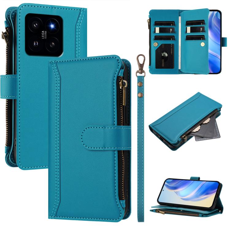 Magnetic Closure 9 Card Slots Zipper Leather Case with Hand Strap, For Xiaomi 14T, For Xiaomi Poco F6, For Xiaomi Poco F6 Pro, For Xiaomi Poco X6 Neo, For Xiaomi Poco X6 Pro, For Xiaomi 14 Ultra, For Xiaomi 14 Pro, For Xiaomi 14