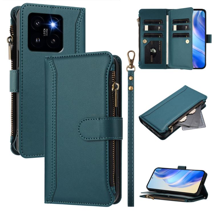 Magnetic Closure 9 Card Slots Zipper Leather Case with Hand Strap, For Xiaomi 14T, For Xiaomi Poco F6, For Xiaomi Poco F6 Pro, For Xiaomi Poco X6 Neo, For Xiaomi Poco X6 Pro, For Xiaomi 14 Ultra, For Xiaomi 14 Pro, For Xiaomi 14