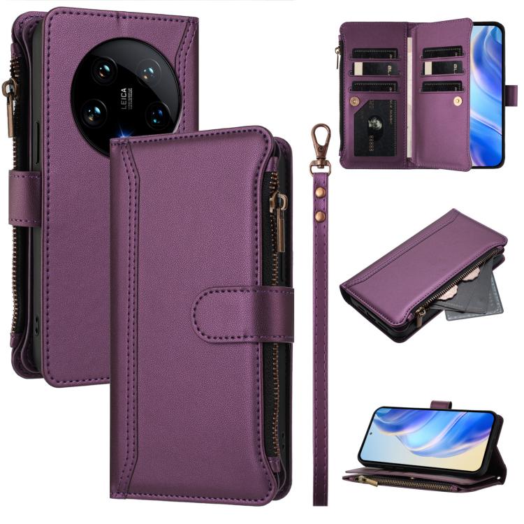 Magnetic Closure 9 Card Slots Zipper Leather Case with Hand Strap, For Xiaomi 14T, For Xiaomi Poco F6, For Xiaomi Poco F6 Pro, For Xiaomi Poco X6 Neo, For Xiaomi Poco X6 Pro, For Xiaomi 14 Ultra, For Xiaomi 14 Pro, For Xiaomi 14