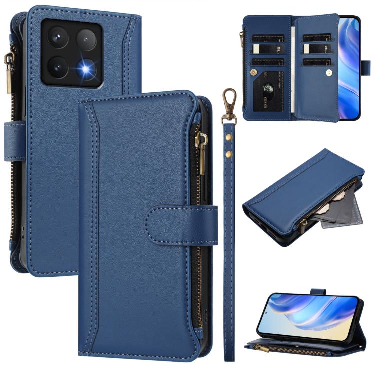 Magnetic Closure 9 Card Slots Zipper Leather Case with Hand Strap, For Xiaomi 14T, For Xiaomi Poco F6, For Xiaomi Poco F6 Pro, For Xiaomi Poco X6 Neo, For Xiaomi Poco X6 Pro, For Xiaomi 14 Ultra, For Xiaomi 14 Pro, For Xiaomi 14