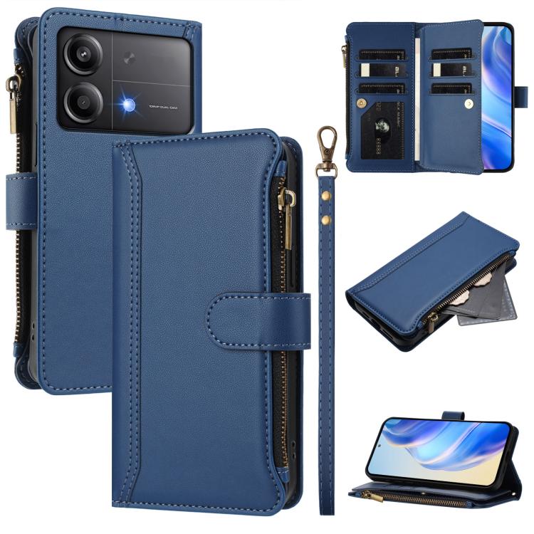 Magnetic Closure 9 Card Slots Zipper Leather Case with Hand Strap, For Xiaomi 14T, For Xiaomi Poco F6, For Xiaomi Poco F6 Pro, For Xiaomi Poco X6 Neo, For Xiaomi Poco X6 Pro, For Xiaomi 14 Ultra, For Xiaomi 14 Pro, For Xiaomi 14