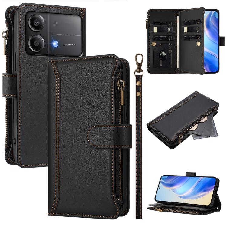 Magnetic Closure 9 Card Slots Zipper Leather Case with Hand Strap, For Xiaomi 14T, For Xiaomi Poco F6, For Xiaomi Poco F6 Pro, For Xiaomi Poco X6 Neo, For Xiaomi Poco X6 Pro, For Xiaomi 14 Ultra, For Xiaomi 14 Pro, For Xiaomi 14