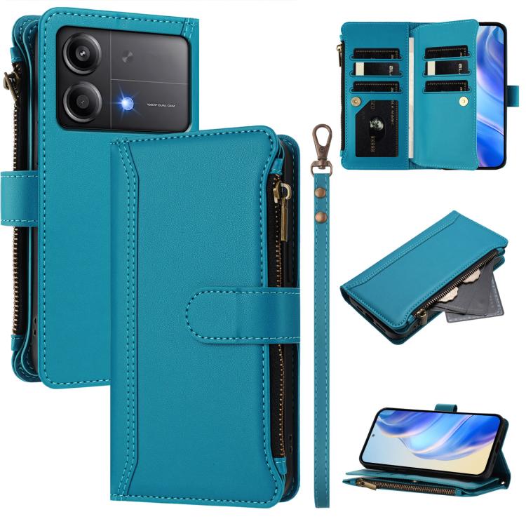Magnetic Closure 9 Card Slots Zipper Leather Case with Hand Strap, For Xiaomi 14T, For Xiaomi Poco F6, For Xiaomi Poco F6 Pro, For Xiaomi Poco X6 Neo, For Xiaomi Poco X6 Pro, For Xiaomi 14 Ultra, For Xiaomi 14 Pro, For Xiaomi 14