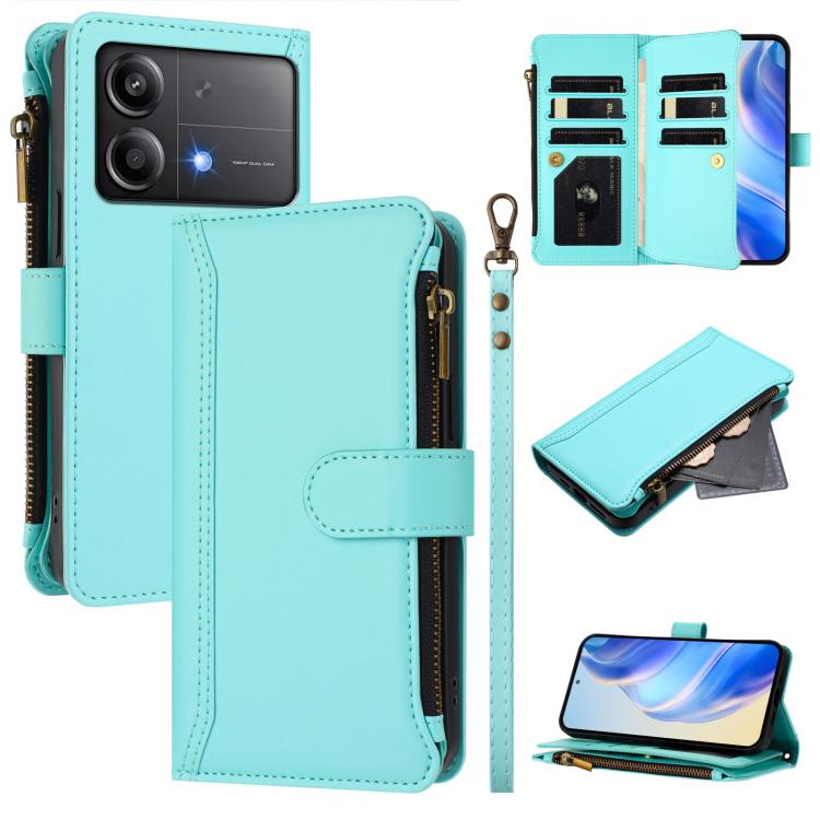 Magnetic Closure 9 Card Slots Zipper Leather Case with Hand Strap, For Xiaomi 14T, For Xiaomi Poco F6, For Xiaomi Poco F6 Pro, For Xiaomi Poco X6 Neo, For Xiaomi Poco X6 Pro, For Xiaomi 14 Ultra, For Xiaomi 14 Pro, For Xiaomi 14