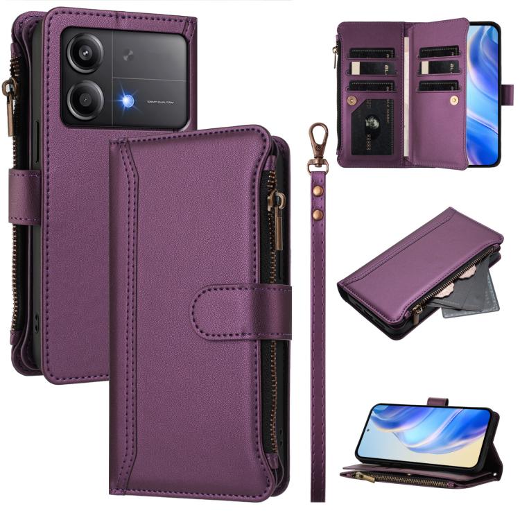 Magnetic Closure 9 Card Slots Zipper Leather Case with Hand Strap, For Xiaomi 14T, For Xiaomi Poco F6, For Xiaomi Poco F6 Pro, For Xiaomi Poco X6 Neo, For Xiaomi Poco X6 Pro, For Xiaomi 14 Ultra, For Xiaomi 14 Pro, For Xiaomi 14
