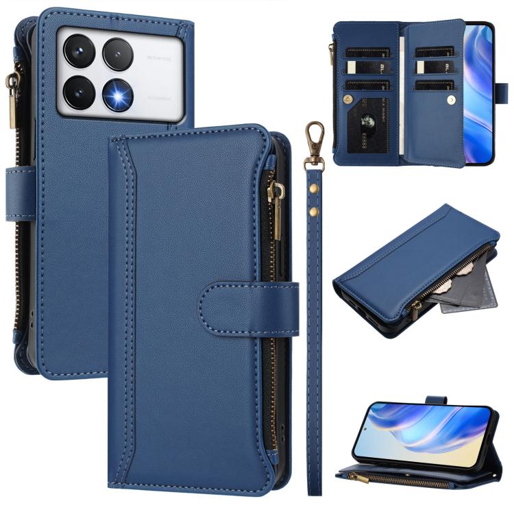 Magnetic Closure 9 Card Slots Zipper Leather Case with Hand Strap, For Xiaomi 14T, For Xiaomi Poco F6, For Xiaomi Poco F6 Pro, For Xiaomi Poco X6 Neo, For Xiaomi Poco X6 Pro, For Xiaomi 14 Ultra, For Xiaomi 14 Pro, For Xiaomi 14