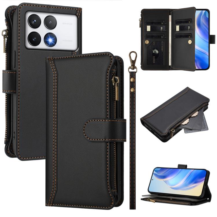 Magnetic Closure 9 Card Slots Zipper Leather Case with Hand Strap, For Xiaomi 14T, For Xiaomi Poco F6, For Xiaomi Poco F6 Pro, For Xiaomi Poco X6 Neo, For Xiaomi Poco X6 Pro, For Xiaomi 14 Ultra, For Xiaomi 14 Pro, For Xiaomi 14