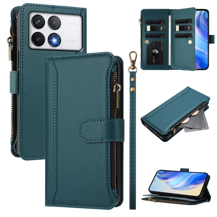 Magnetic Closure 9 Card Slots Zipper Leather Case with Hand Strap, For Xiaomi 14T, For Xiaomi Poco F6, For Xiaomi Poco F6 Pro, For Xiaomi Poco X6 Neo, For Xiaomi Poco X6 Pro, For Xiaomi 14 Ultra, For Xiaomi 14 Pro, For Xiaomi 14