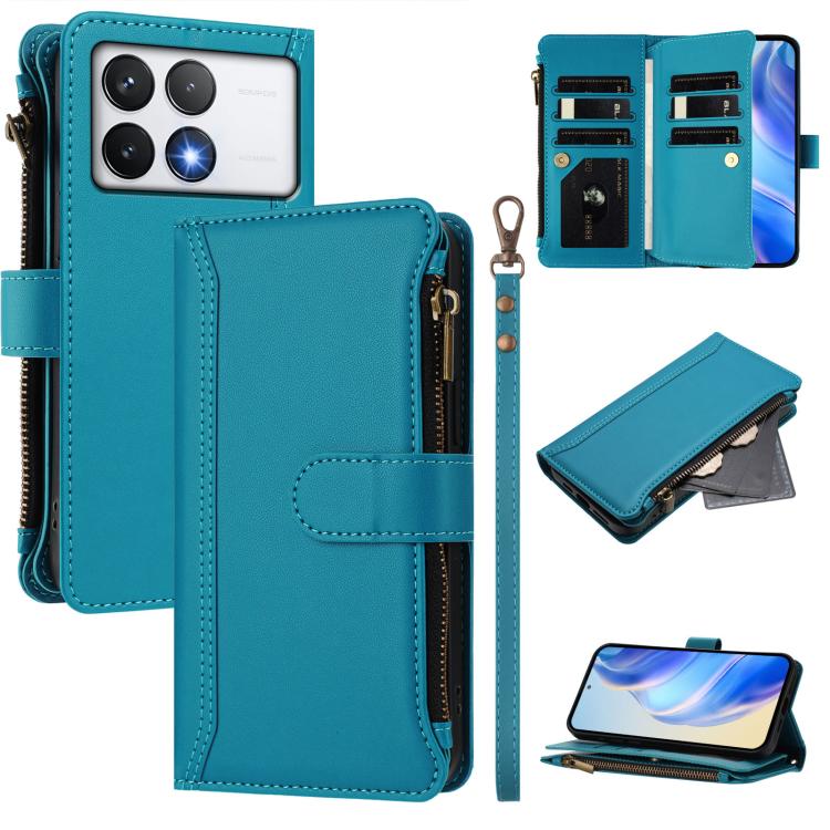 Magnetic Closure 9 Card Slots Zipper Leather Case with Hand Strap, For Xiaomi 14T, For Xiaomi Poco F6, For Xiaomi Poco F6 Pro, For Xiaomi Poco X6 Neo, For Xiaomi Poco X6 Pro, For Xiaomi 14 Ultra, For Xiaomi 14 Pro, For Xiaomi 14