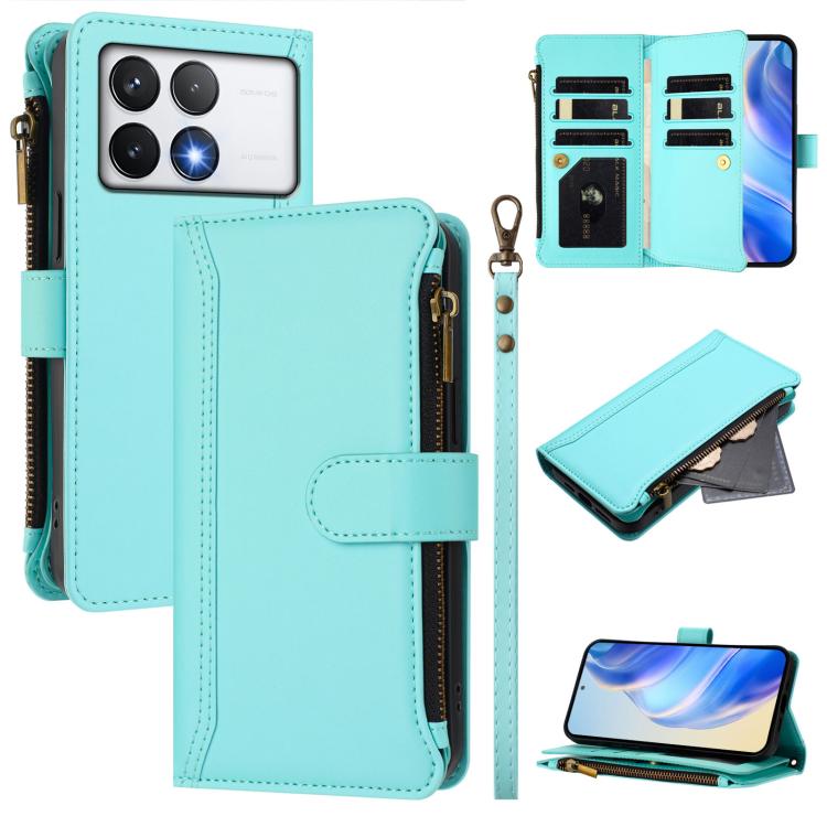 Magnetic Closure 9 Card Slots Zipper Leather Case with Hand Strap, For Xiaomi 14T, For Xiaomi Poco F6, For Xiaomi Poco F6 Pro, For Xiaomi Poco X6 Neo, For Xiaomi Poco X6 Pro, For Xiaomi 14 Ultra, For Xiaomi 14 Pro, For Xiaomi 14
