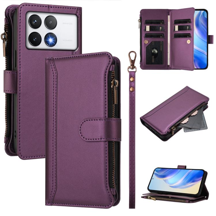 Magnetic Closure 9 Card Slots Zipper Leather Case with Hand Strap, For Xiaomi 14T, For Xiaomi Poco F6, For Xiaomi Poco F6 Pro, For Xiaomi Poco X6 Neo, For Xiaomi Poco X6 Pro, For Xiaomi 14 Ultra, For Xiaomi 14 Pro, For Xiaomi 14