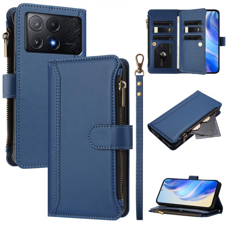 Magnetic Closure 9 Card Slots Zipper Leather Case with Hand Strap, For Xiaomi 14T, For Xiaomi Poco F6, For Xiaomi Poco F6 Pro, For Xiaomi Poco X6 Neo, For Xiaomi Poco X6 Pro, For Xiaomi 14 Ultra, For Xiaomi 14 Pro, For Xiaomi 14