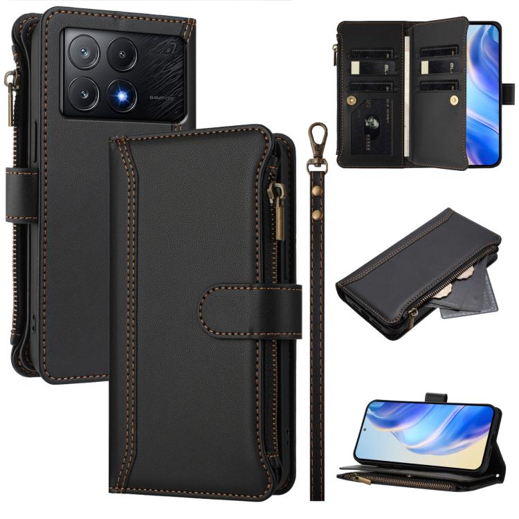 Magnetic Closure 9 Card Slots Zipper Leather Case with Hand Strap, For Xiaomi 14T, For Xiaomi Poco F6, For Xiaomi Poco F6 Pro, For Xiaomi Poco X6 Neo, For Xiaomi Poco X6 Pro, For Xiaomi 14 Ultra, For Xiaomi 14 Pro, For Xiaomi 14