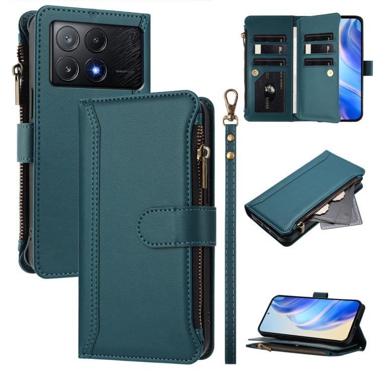Magnetic Closure 9 Card Slots Zipper Leather Case with Hand Strap, For Xiaomi 14T, For Xiaomi Poco F6, For Xiaomi Poco F6 Pro, For Xiaomi Poco X6 Neo, For Xiaomi Poco X6 Pro, For Xiaomi 14 Ultra, For Xiaomi 14 Pro, For Xiaomi 14