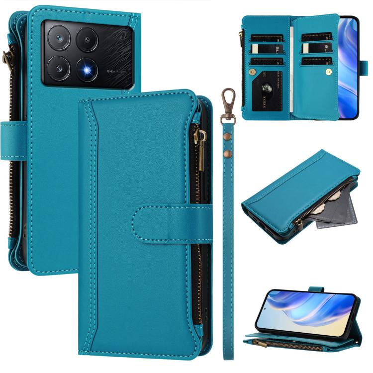 Magnetic Closure 9 Card Slots Zipper Leather Case with Hand Strap, For Xiaomi 14T, For Xiaomi Poco F6, For Xiaomi Poco F6 Pro, For Xiaomi Poco X6 Neo, For Xiaomi Poco X6 Pro, For Xiaomi 14 Ultra, For Xiaomi 14 Pro, For Xiaomi 14