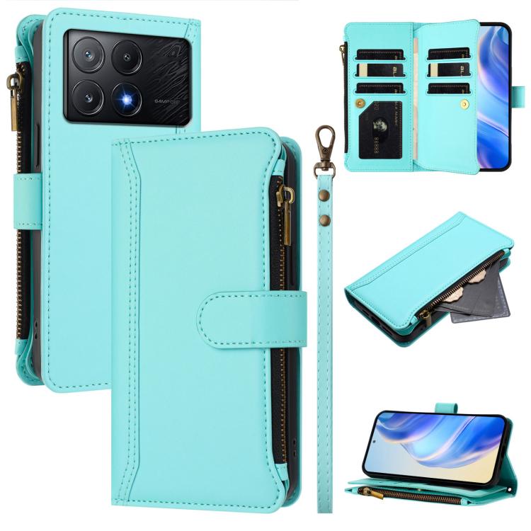 Magnetic Closure 9 Card Slots Zipper Leather Case with Hand Strap, For Xiaomi 14T, For Xiaomi Poco F6, For Xiaomi Poco F6 Pro, For Xiaomi Poco X6 Neo, For Xiaomi Poco X6 Pro, For Xiaomi 14 Ultra, For Xiaomi 14 Pro, For Xiaomi 14