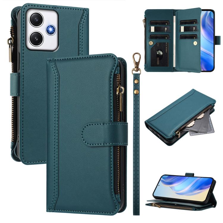 Magnetic Closure 9 Card Slots Zipper Leather Case with Hand Strap, For Redmi 13C 5G / 4G / Poco C65, For Redmi Note 13 4G, For Redmi Note 13 Pro 5G / Poco X6, For Redmi Note 13 5G, For Redmi Note 13 Pro+ 5G, For Redmi 12 4G / 5G / Note 12R             ...