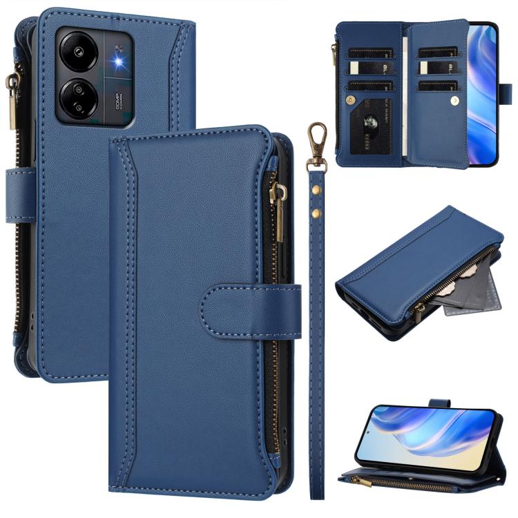Magnetic Closure 9 Card Slots Zipper Leather Case with Hand Strap, For Redmi 13C 5G / 4G / Poco C65, For Redmi Note 13 4G, For Redmi Note 13 Pro 5G / Poco X6, For Redmi Note 13 5G, For Redmi Note 13 Pro+ 5G, For Redmi 12 4G / 5G / Note 12R             ...