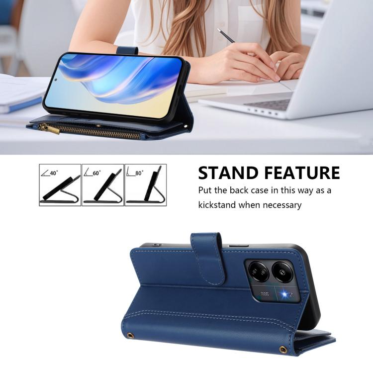 Magnetic Closure 9 Card Slots Zipper Leather Case with Hand Strap, For Redmi 13C 5G / 4G / Poco C65, For Redmi Note 13 4G, For Redmi Note 13 Pro 5G / Poco X6, For Redmi Note 13 5G, For Redmi Note 13 Pro+ 5G, For Redmi 12 4G / 5G / Note 12R             ...