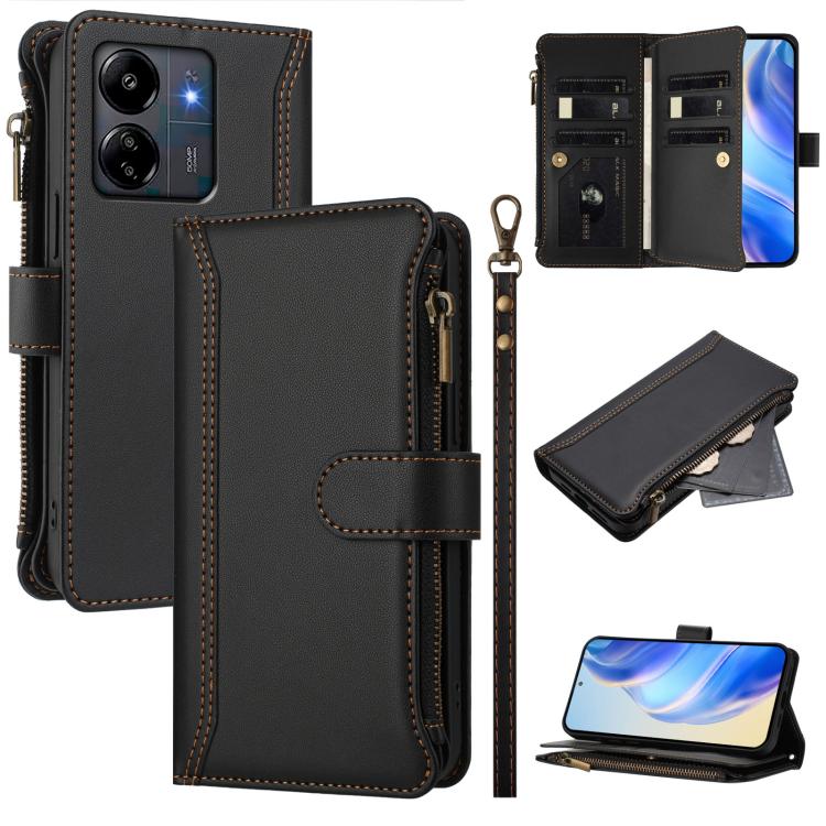 Magnetic Closure 9 Card Slots Zipper Leather Case with Hand Strap, For Redmi 13C 5G / 4G / Poco C65, For Redmi Note 13 4G, For Redmi Note 13 Pro 5G / Poco X6, For Redmi Note 13 5G, For Redmi Note 13 Pro+ 5G, For Redmi 12 4G / 5G / Note 12R             ...