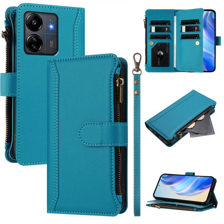 Magnetic Closure 9 Card Slots Zipper Leather Case with Hand Strap, For Redmi 13C 5G / 4G / Poco C65, For Redmi Note 13 4G, For Redmi Note 13 Pro 5G / Poco X6, For Redmi Note 13 5G, For Redmi Note 13 Pro+ 5G, For Redmi 12 4G / 5G / Note 12R             ...