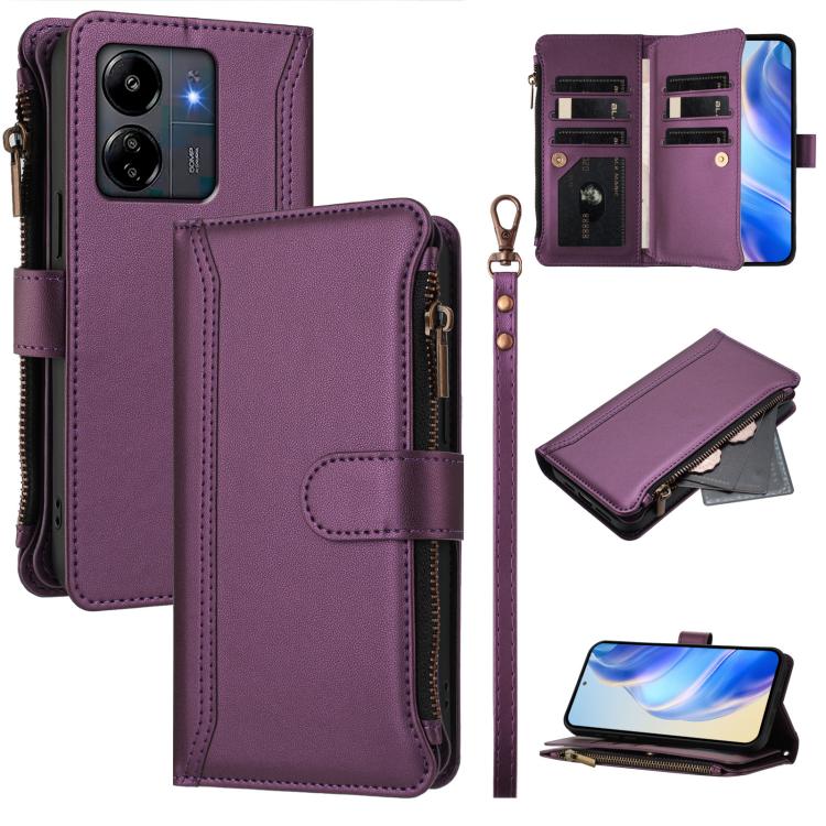 Magnetic Closure 9 Card Slots Zipper Leather Case with Hand Strap, For Redmi 13C 5G / 4G / Poco C65, For Redmi Note 13 4G, For Redmi Note 13 Pro 5G / Poco X6, For Redmi Note 13 5G, For Redmi Note 13 Pro+ 5G, For Redmi 12 4G / 5G / Note 12R             ...