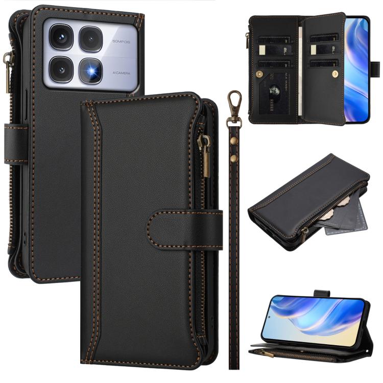 Magnetic Closure 9 Card Slots Zipper Leather Case with Hand Strap, For Redmi K80 / K80 Pro, For Redmi Note 14 Pro 4G, For Redmi Note 14 4G 163.25mm, For Redmi 14C 4G / 14R 5G / A3 Pro, For Redmi Note 14 Pro+ 5G, For Redmi K70 Ultra                     ...
