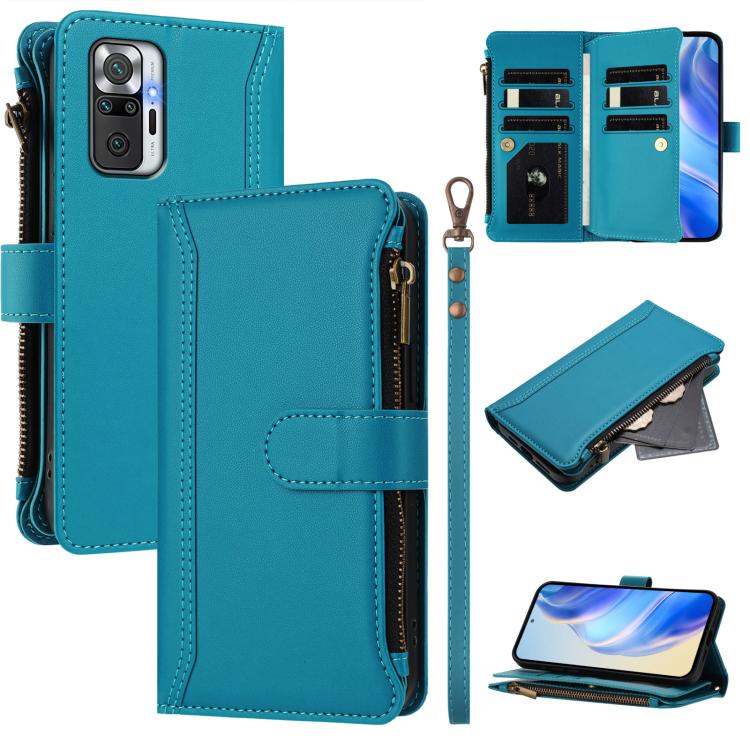 Magnetic Closure 9 Card Slots Zipper Leather Case with Hand Strap, For Redmi Note 10 5G / Note 10T 5G, For Redmi K40 / K40 Pro / Poco F3, For Redmi Note 10 Pro / Note 10 Pro Max