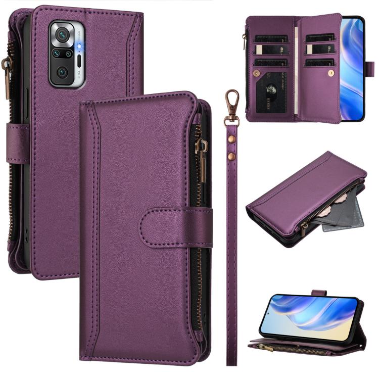 Magnetic Closure 9 Card Slots Zipper Leather Case with Hand Strap, For Redmi Note 10 5G / Note 10T 5G, For Redmi K40 / K40 Pro / Poco F3, For Redmi Note 10 Pro / Note 10 Pro Max