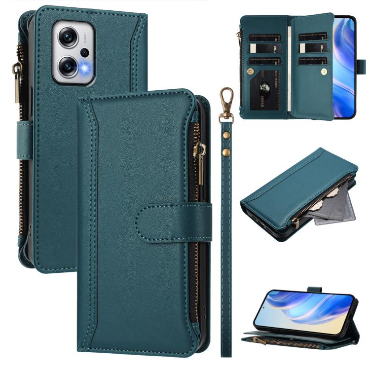 Magnetic Closure 9 Card Slots Zipper Leather Case with Hand Strap, For Redmi 13C 5G / 4G / Poco C65, For Redmi Note 13 4G, For Redmi Note 13 Pro 5G / Poco X6, For Redmi Note 13 5G, For Redmi Note 13 Pro+ 5G, For Redmi 12 4G / 5G / Note 12R             ...