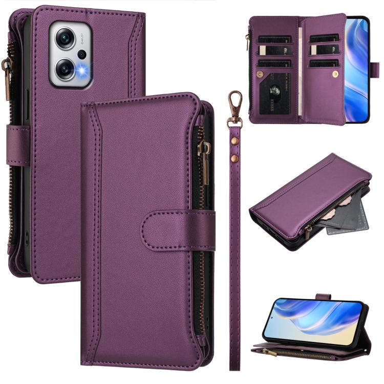 Magnetic Closure 9 Card Slots Zipper Leather Case with Hand Strap, For Redmi 13C 5G / 4G / Poco C65, For Redmi Note 13 4G, For Redmi Note 13 Pro 5G / Poco X6, For Redmi Note 13 5G, For Redmi Note 13 Pro+ 5G, For Redmi 12 4G / 5G / Note 12R             ...