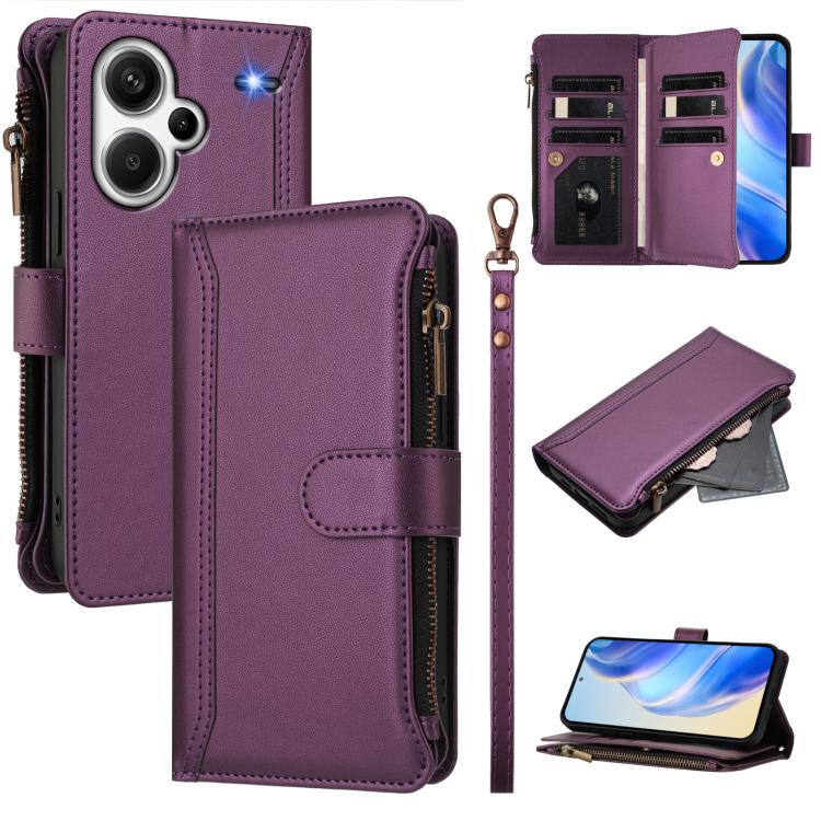 Magnetic Closure 9 Card Slots Zipper Leather Case with Hand Strap, For Redmi 13C 5G / 4G / Poco C65, For Redmi Note 13 4G, For Redmi Note 13 Pro 5G / Poco X6, For Redmi Note 13 5G, For Redmi Note 13 Pro+ 5G, For Redmi 12 4G / 5G / Note 12R             ...