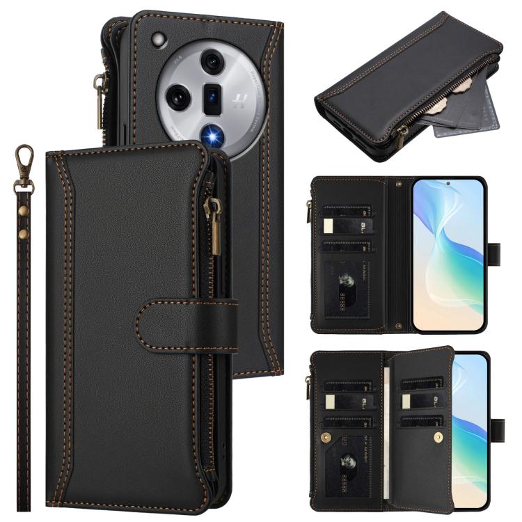 Magnetic Closure 9 Card Slots Zipper Leather Case with Hand Strap, For OPPO Find X7, For OPPO Find X7 Ultra, For OPPO A38 4G / A18 4G Global, For OPPO A58 4G Global, For OPPO A78 4G Global, For OPPO A98 5G / F23 5G India, For OPPO Find X8 Pro 5G Global...